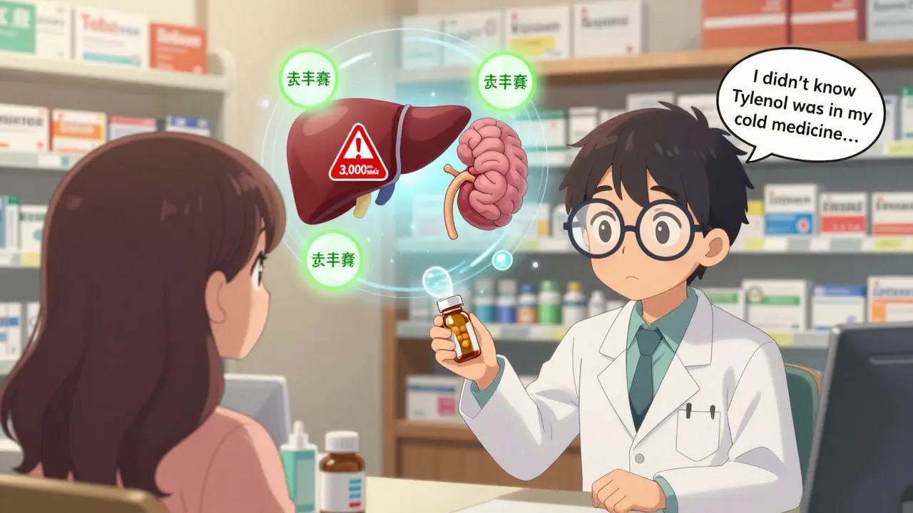 A pharmacist hands a pill bottle to a patient while floating icons show liver warning and safe dosage labels.
