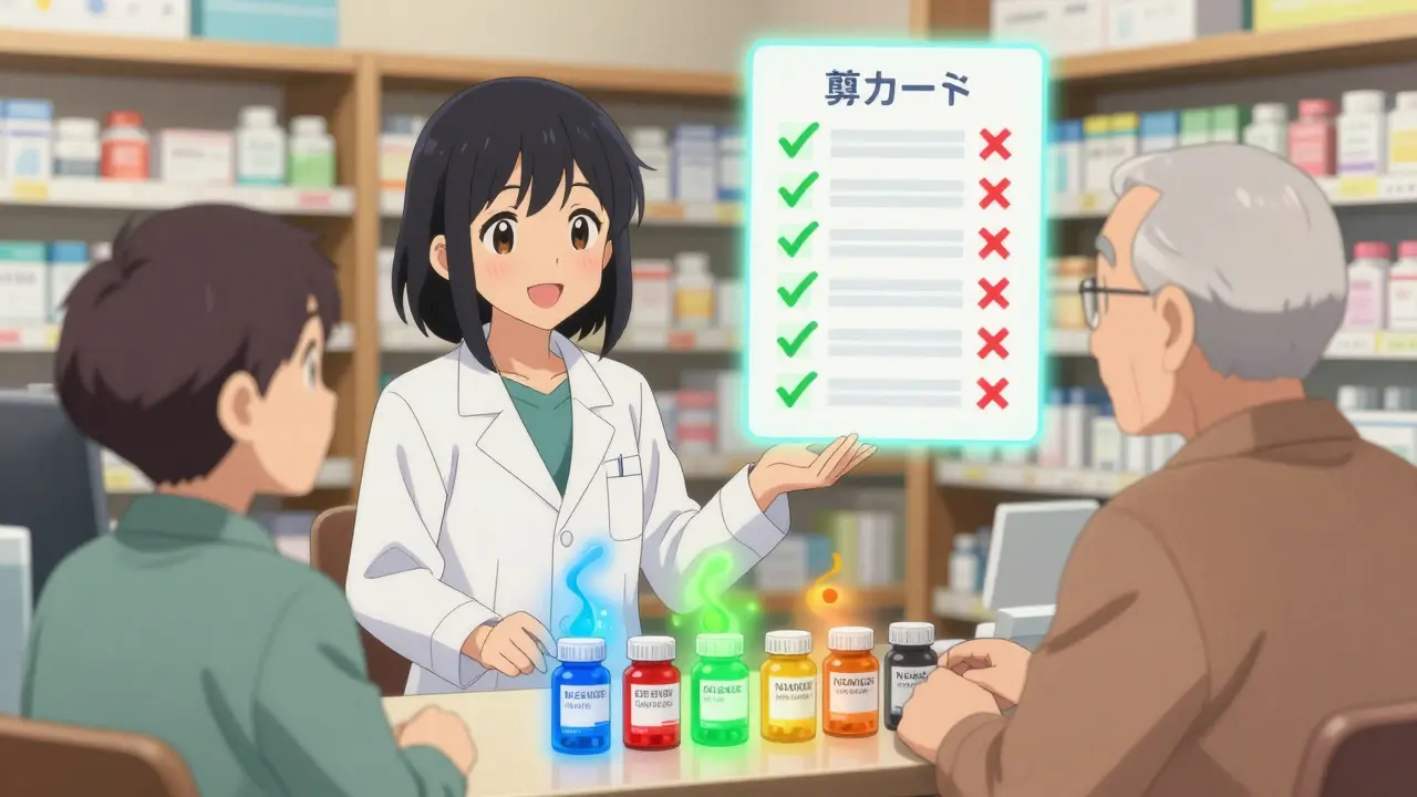 A pharmacist helping an elderly man organize his medications with colored auras showing interactions.