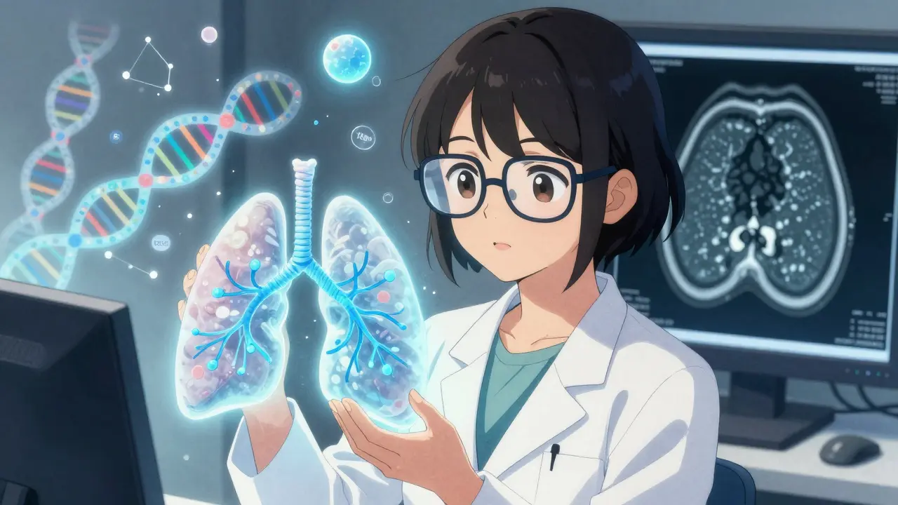 A scientist holds a glowing lung model as holographic gene strands float around her, symbolizing advanced ILD research and diagnosis.