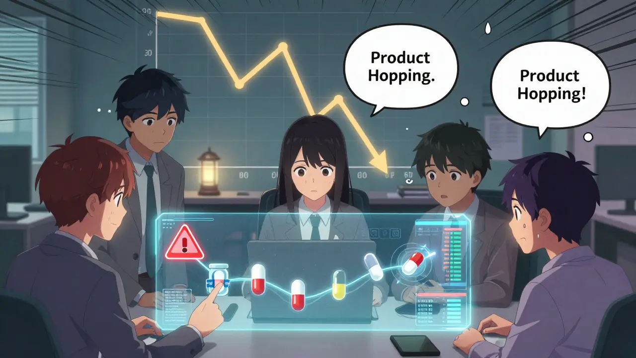 A team analyzes a holographic drug timeline as a brand drug changes form to delay generics.