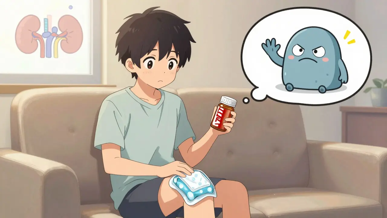 A teen using ice and Tylenol instead of NSAIDs, with a cartoon monster representing harmful painkillers.
