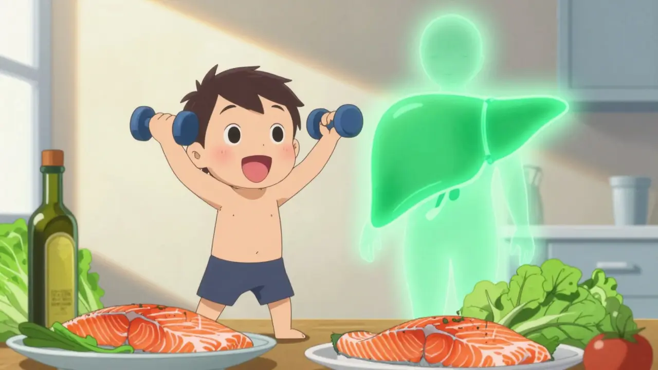 Anime character exercising with healthy food and glowing liver spirit