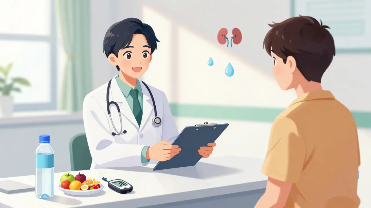 Doctor and patient reviewing health records and monitoring tools safely.