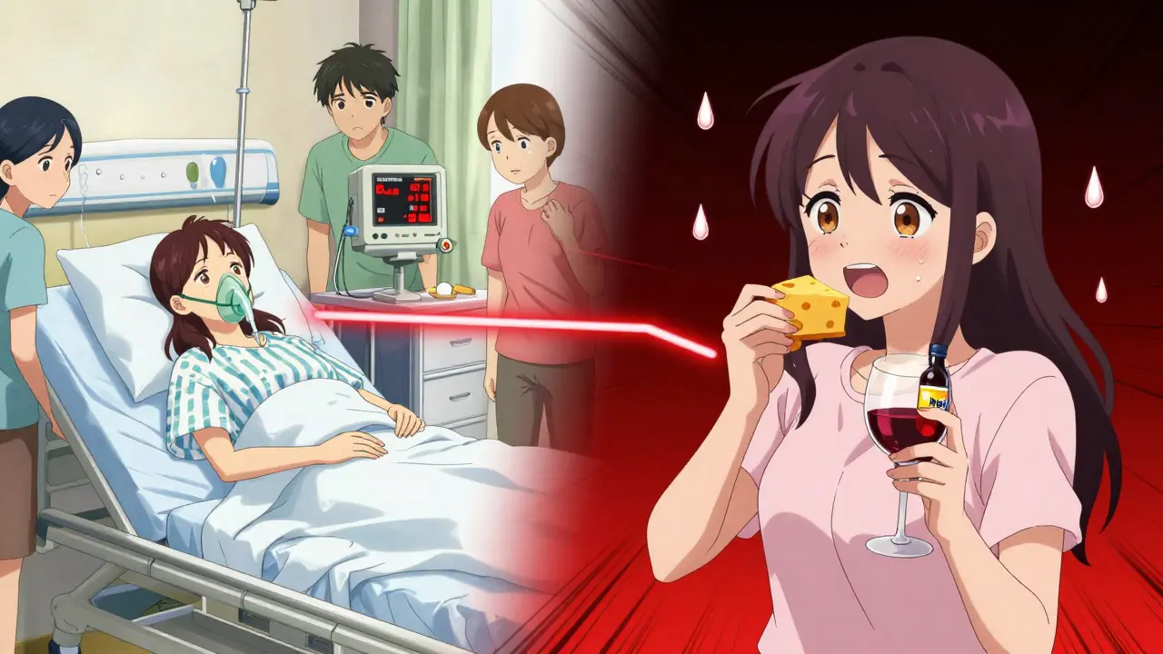 Split scene: a woman enjoying food and medicine peacefully, then collapsing in hospital, connected by a red line.