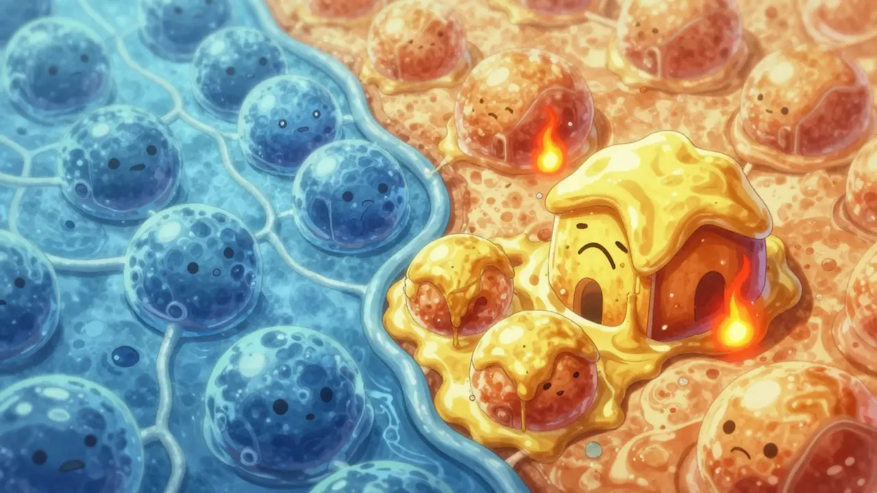 Stylized cells filling with yellow fat and red inflammation sparks