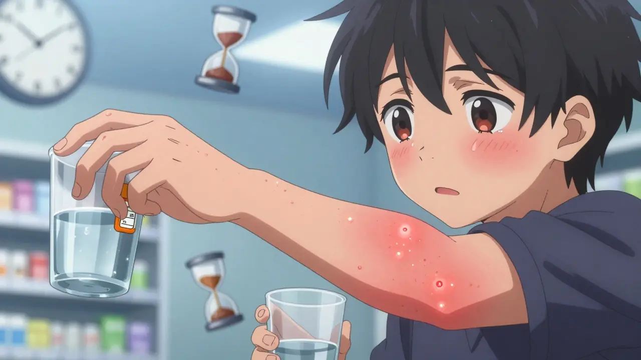 Teen boy with raised red hives on his arm, clutching ibuprofen bottle, eyes tearful, glowing hives against blurred pharmacy background.
