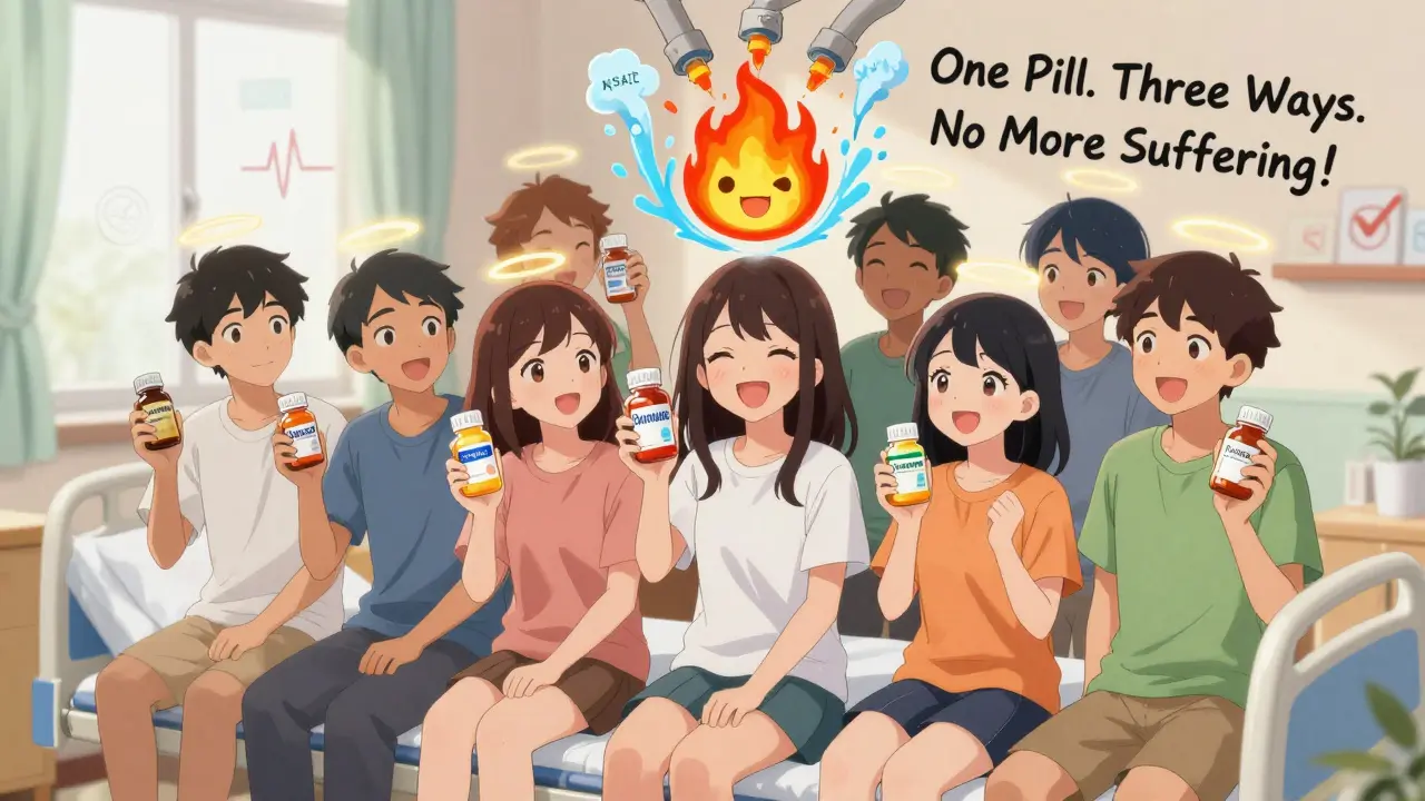 Teens smiling beside glowing pill bottles as a fire is extinguished by three different pain-relief methods.