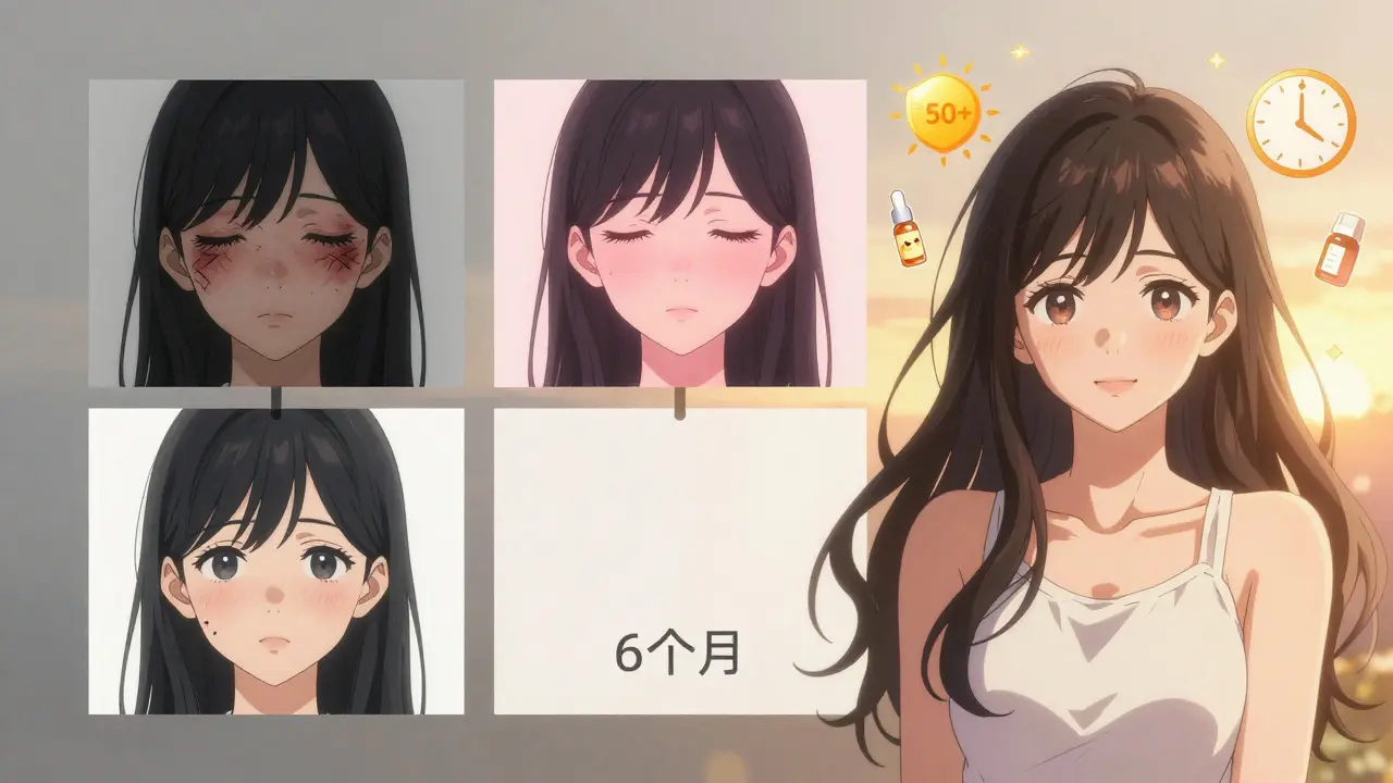 Three-panel timeline of a girl’s skin healing over months, from scars to radiant skin, with SPF, retinol, and clock icons surrounding her.