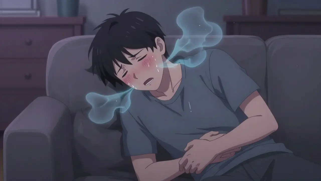 Unwell character clutching stomach showing weakness and confusion symptoms.