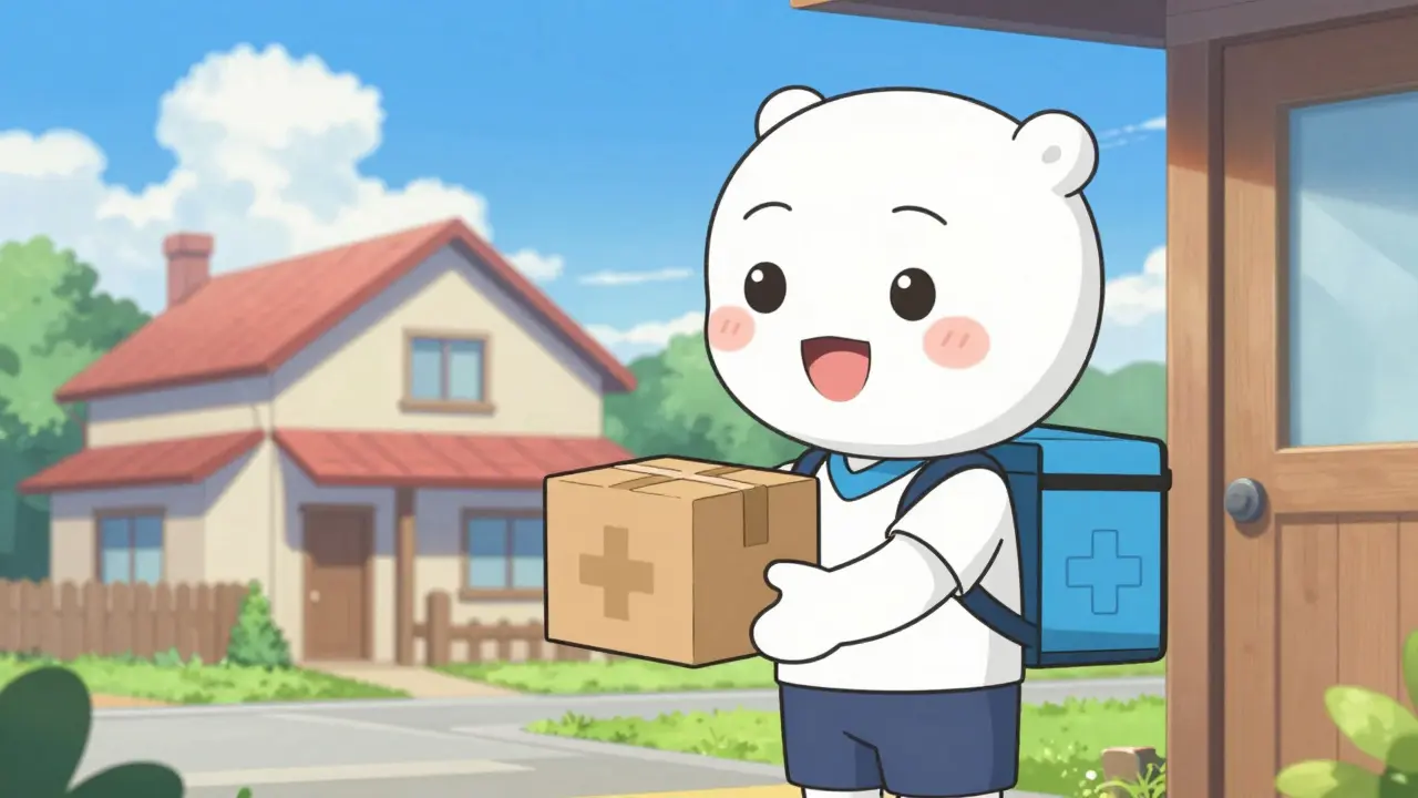 A cute anime delivery person delivering a pharmacy package to a home