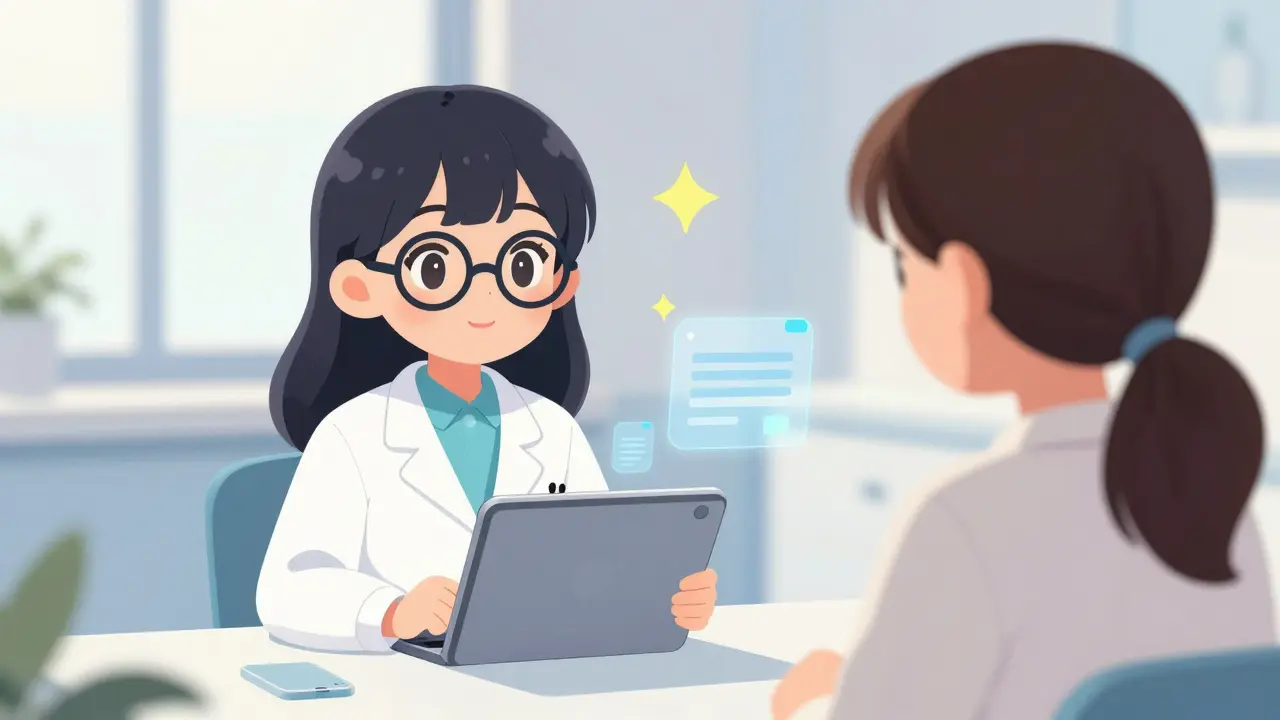 A cute anime doctor providing a medical consultation via a tablet screen