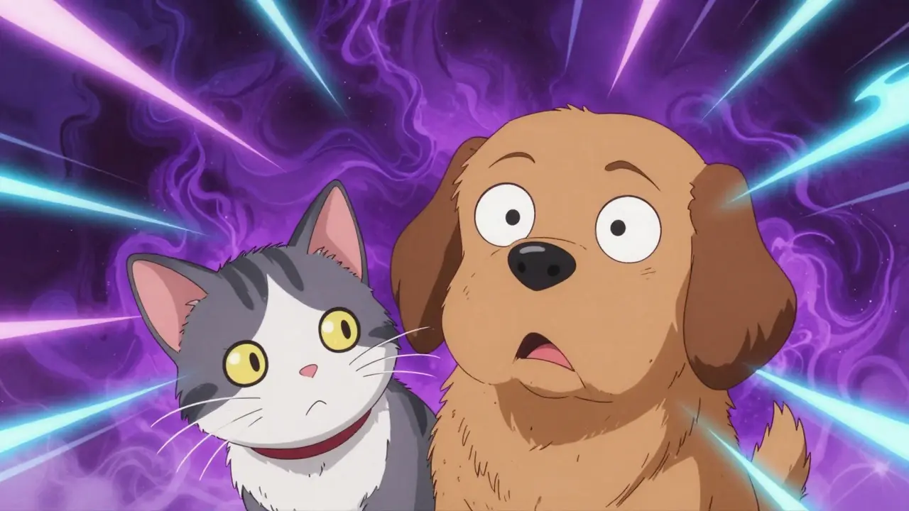 A dog with dilated pupils and a disoriented cat surrounded by colorful abstract energy.