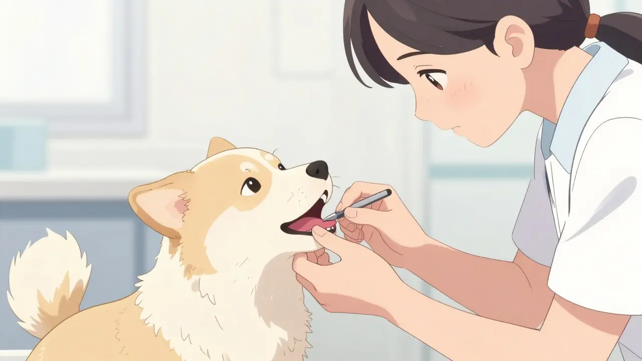 A person gently lifting a dog's lip to check the color of its gums during a health check.