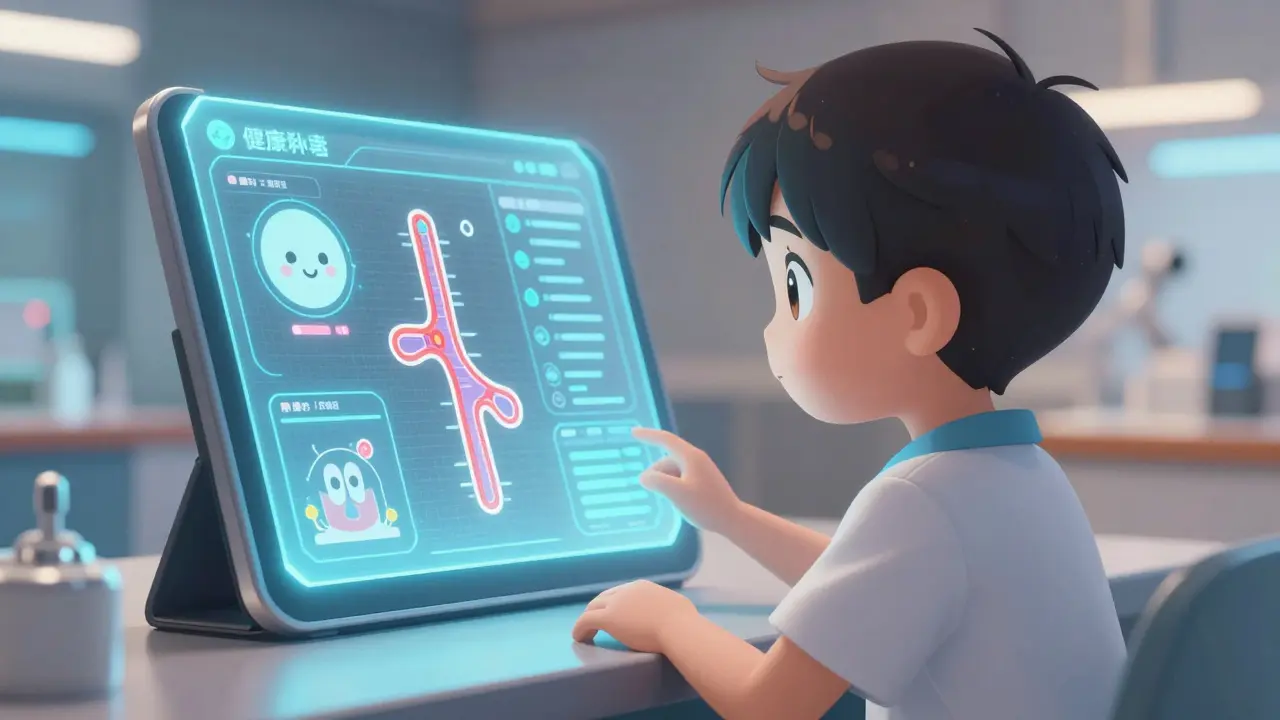 Anime character viewing a personalized holographic medication guide on a futuristic tablet.