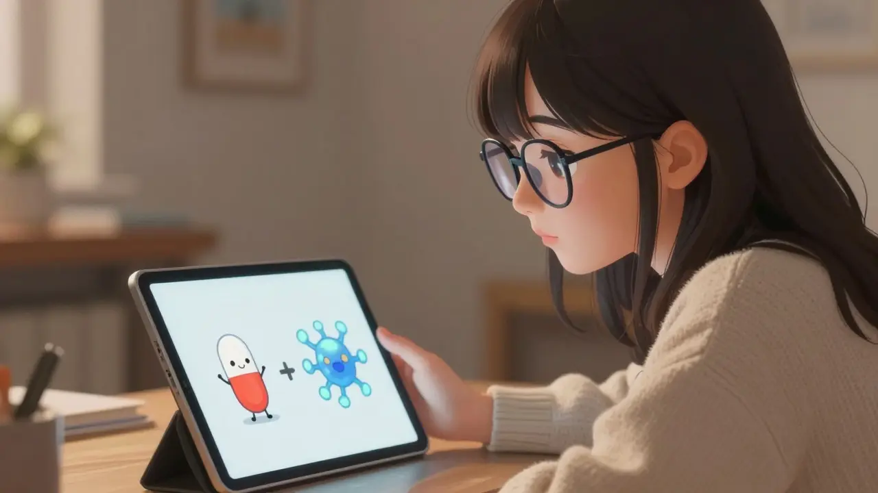 Anime girl studying the difference between generic pills and complex biosimilars on a tablet.