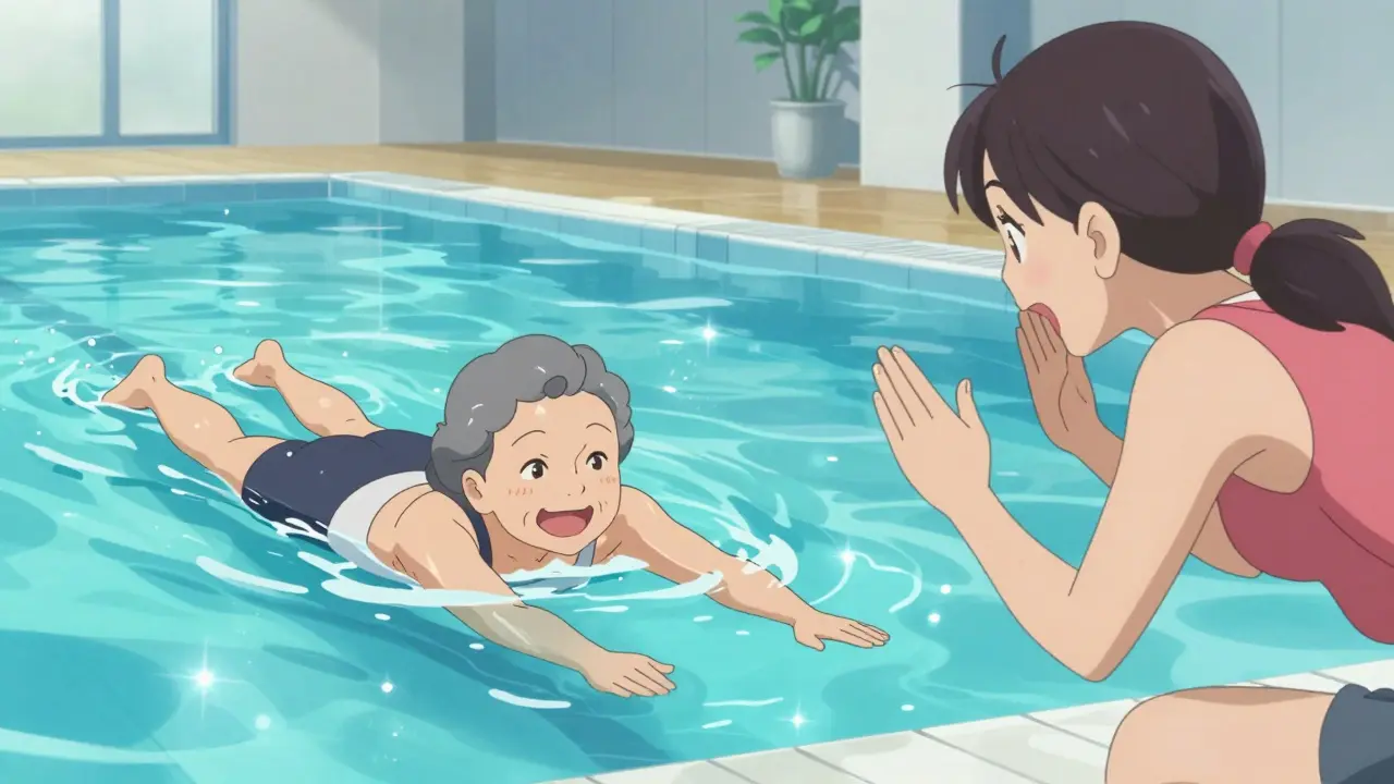 Cheerful older woman swimming in a pool with a supportive companion cheering her on.