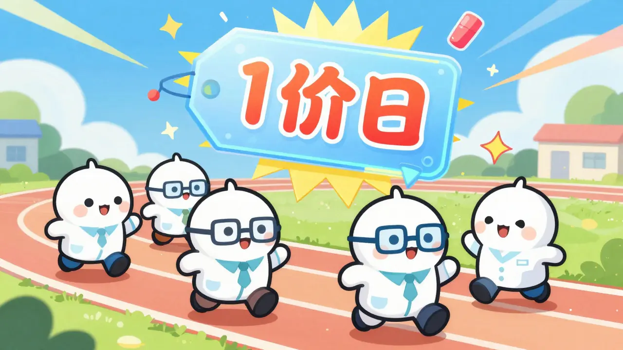 Chibi pharmaceutical characters racing as a floating price tag rapidly drops.