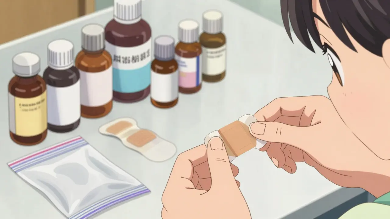 Close-up of hands organizing pills and sealing liquid medicine bottles in anime style