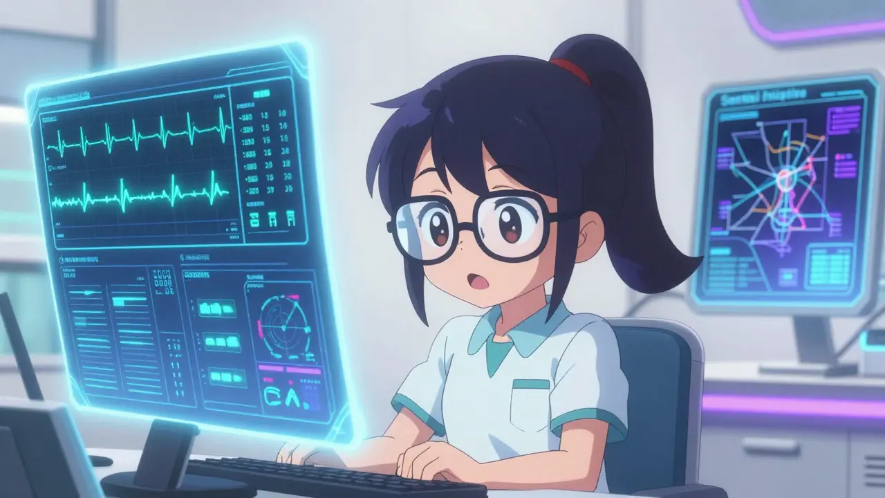 Cute anime analyst monitoring digital health records on glowing holographic screens.