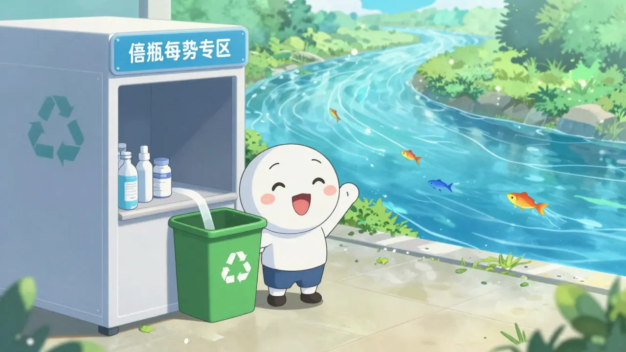 Cute anime character at a medication take-back kiosk with a clean river in the background