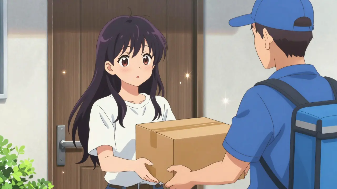 Cute anime woman receiving a pharmacy delivery package at her door