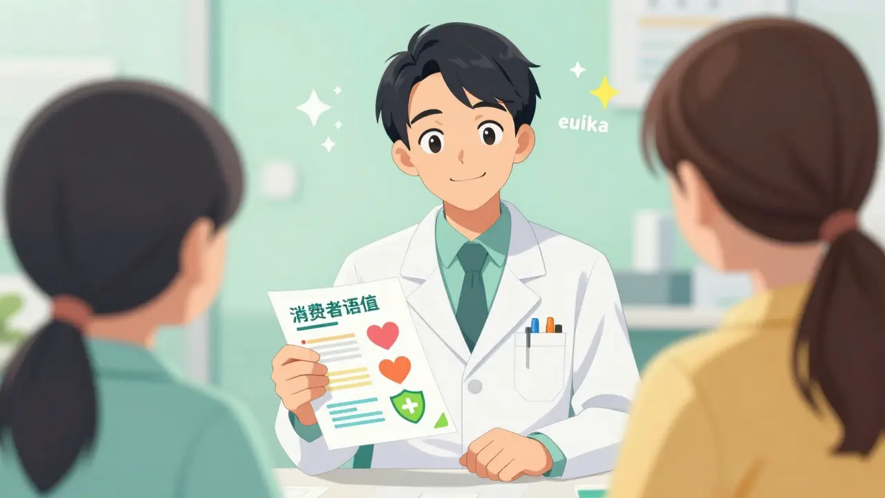 Friendly anime pharmacist showing a simplified, colorful health guide to a patient.