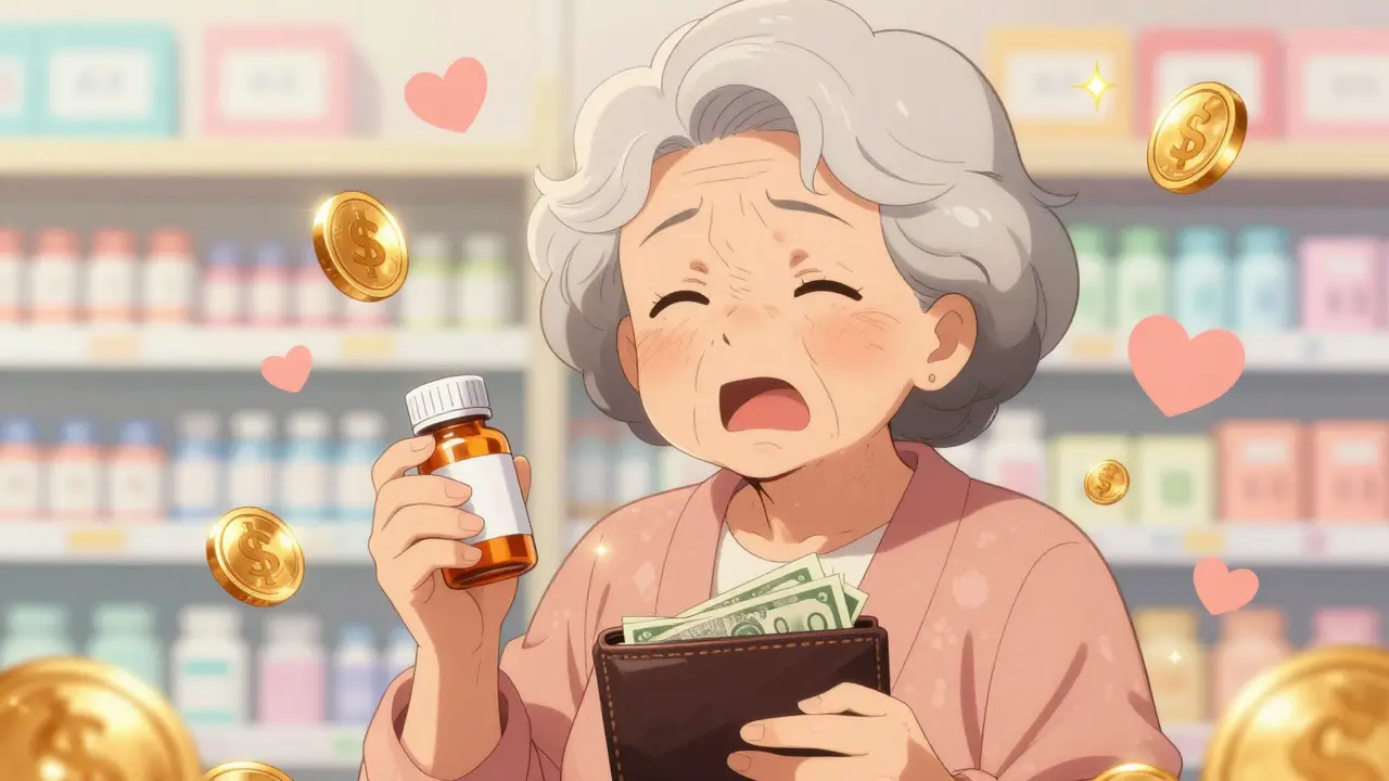Happy senior woman in moe anime style celebrating savings on her prescription medication