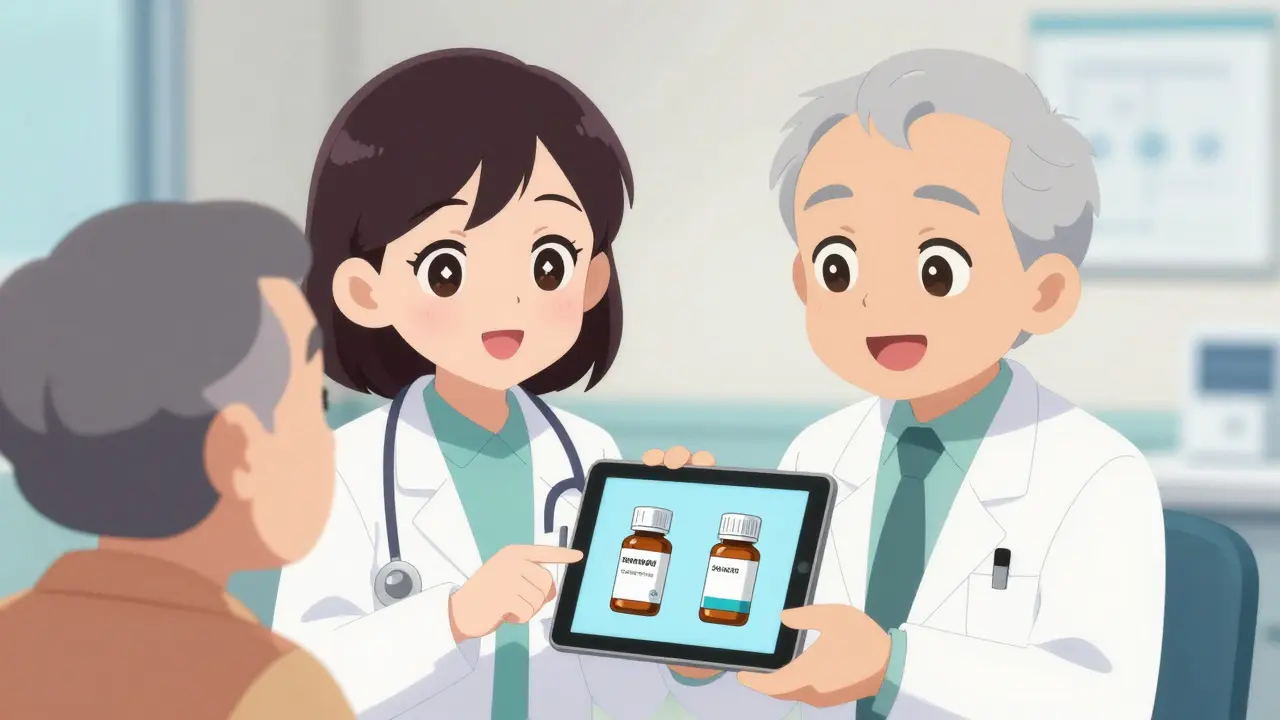Moe anime doctor explaining the cost benefits of generic drugs to a senior patient