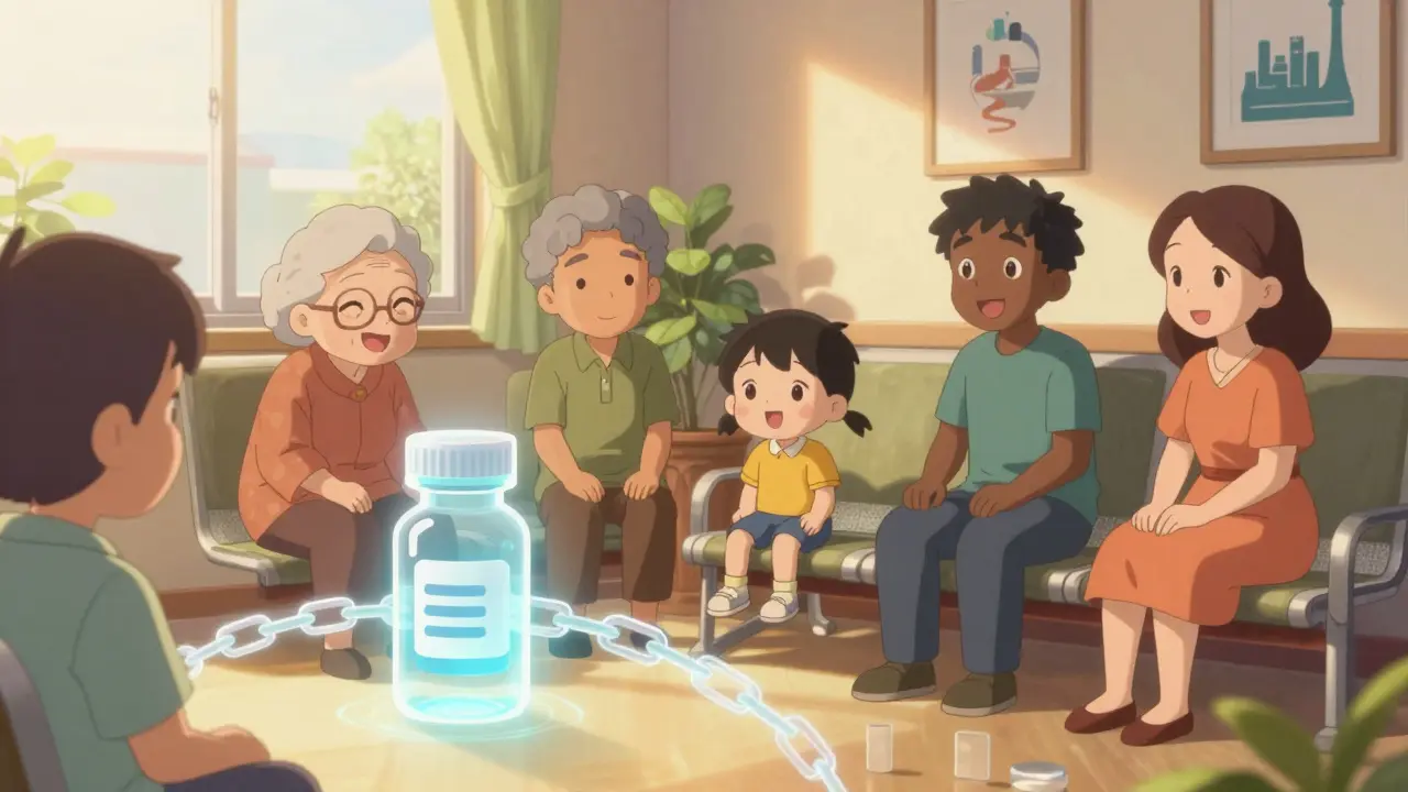 Moe style anime characters of various ages in a waiting room with a digital supply chain icon.