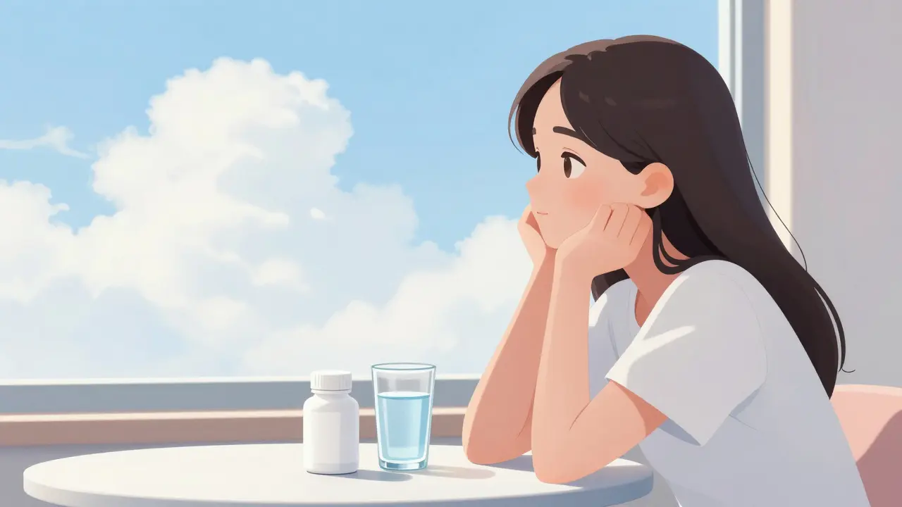 Peaceful anime girl looking at the sky with her medication on the table