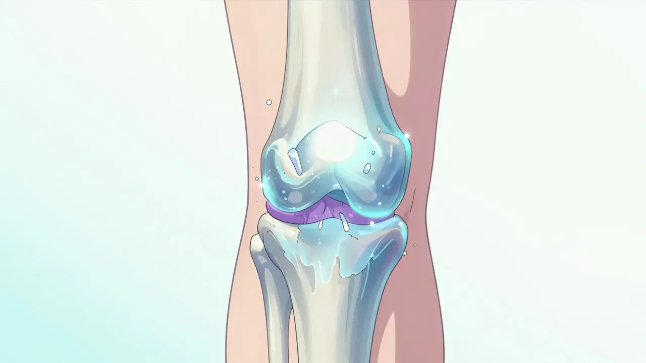 Stylized anime illustration of a knee joint showing thinning cartilage and bone spurs.