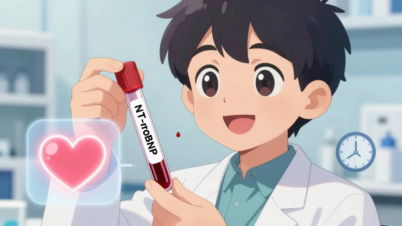 Adorable anime character holding blood sample for heart failure test
