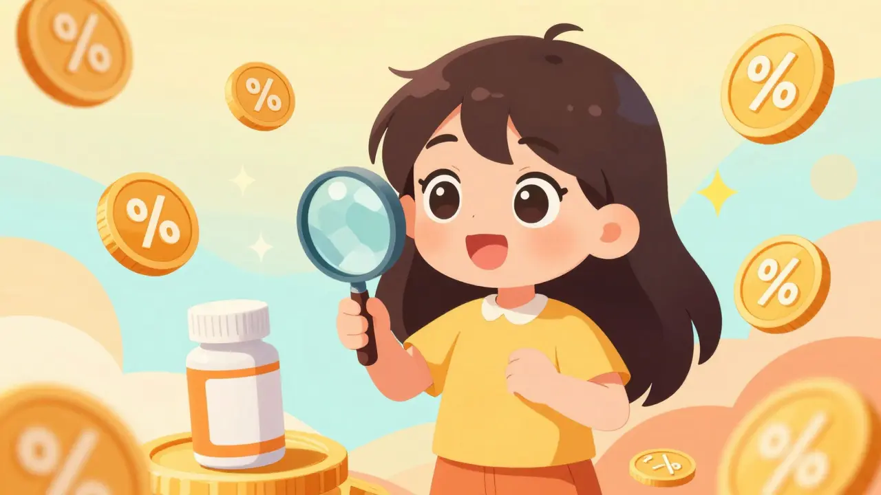 Anime character discovering savings with floating coins and a magnifying glass.