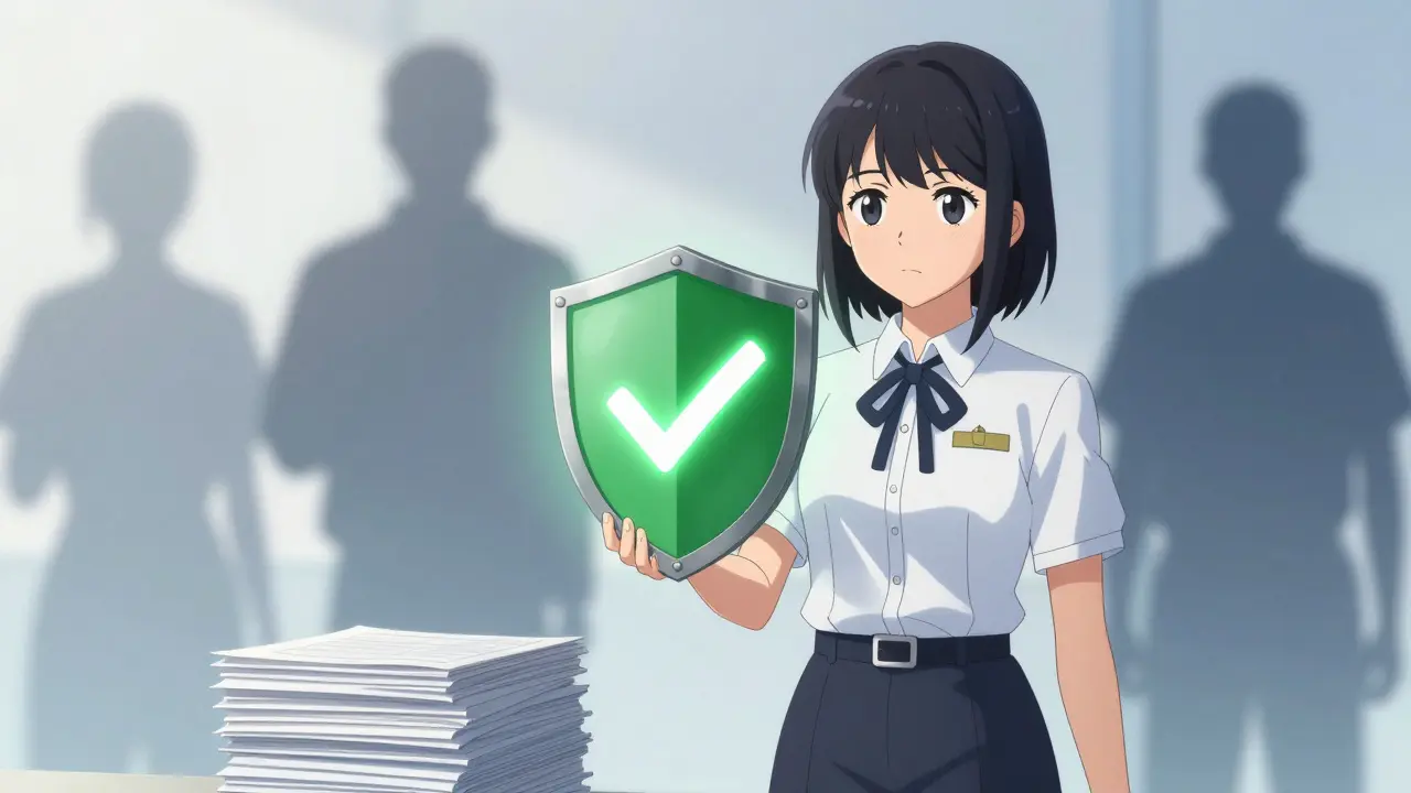 Anime girl holding a glowing shield symbolizing safe and verified pharmacy practices.