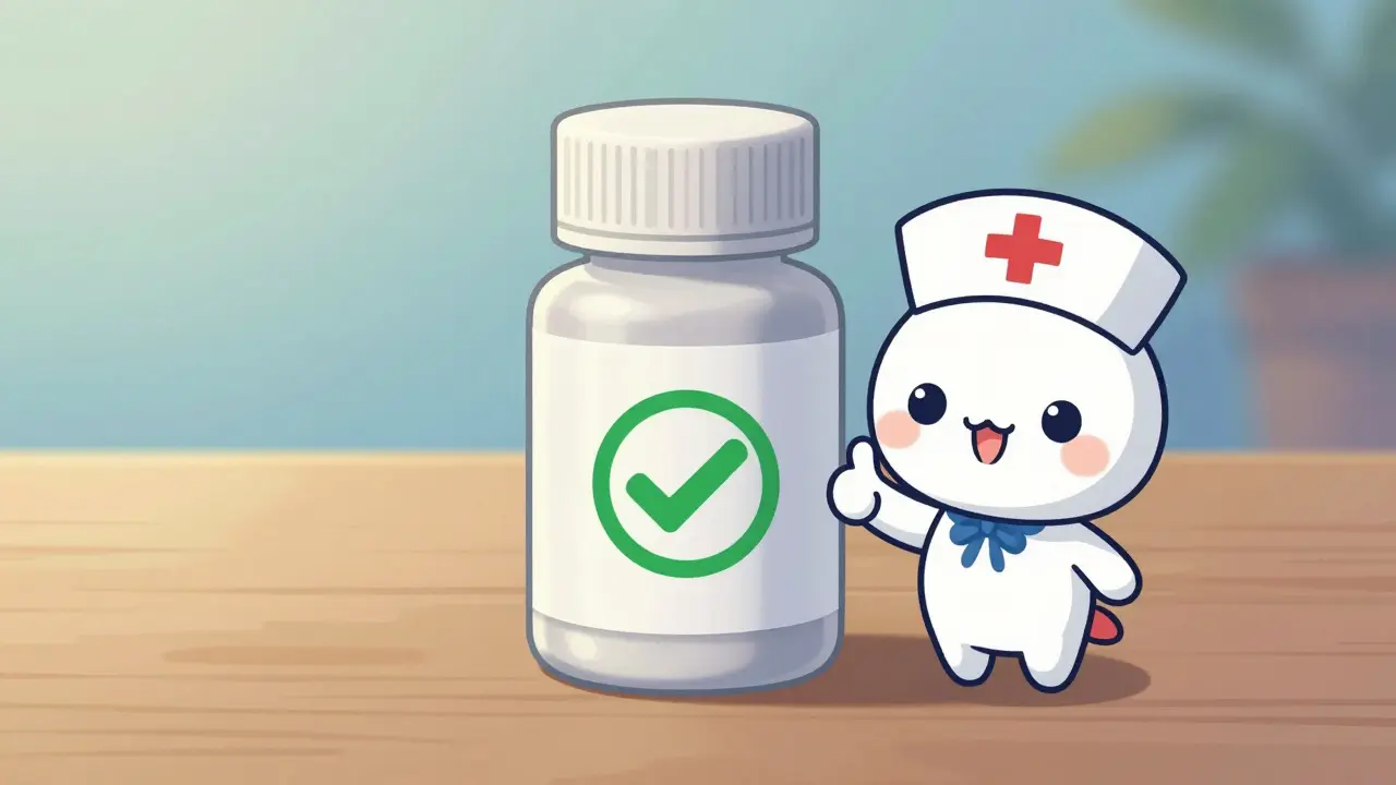 Anime mascot verifying safe generic medication bottle