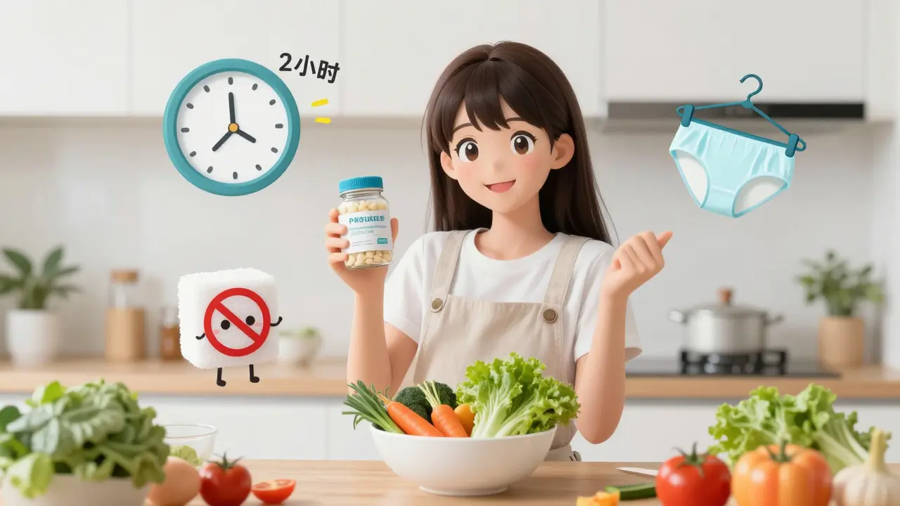 Cheerful anime girl in kitchen with probiotics and healthy food icons
