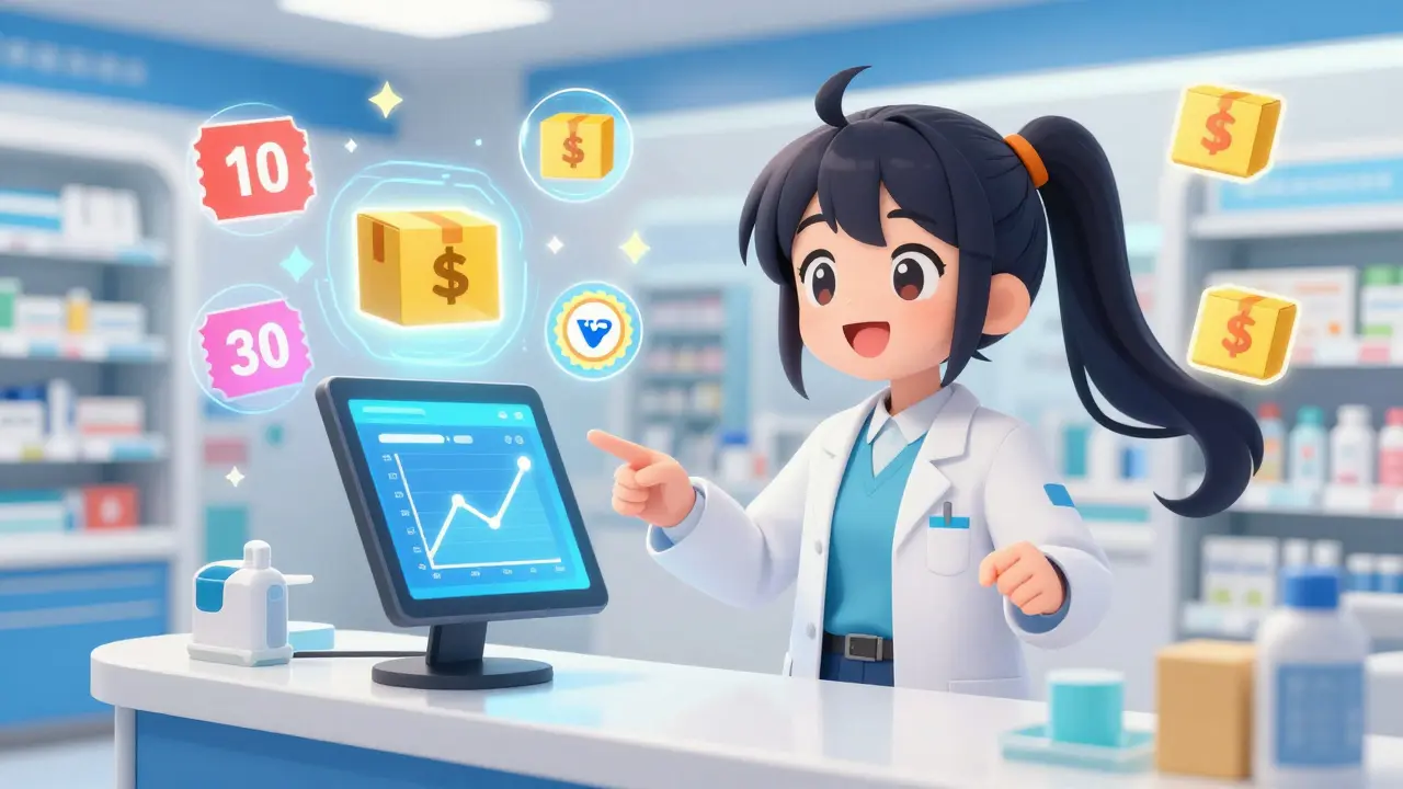 Cheerful anime pharmacist showing online discounts