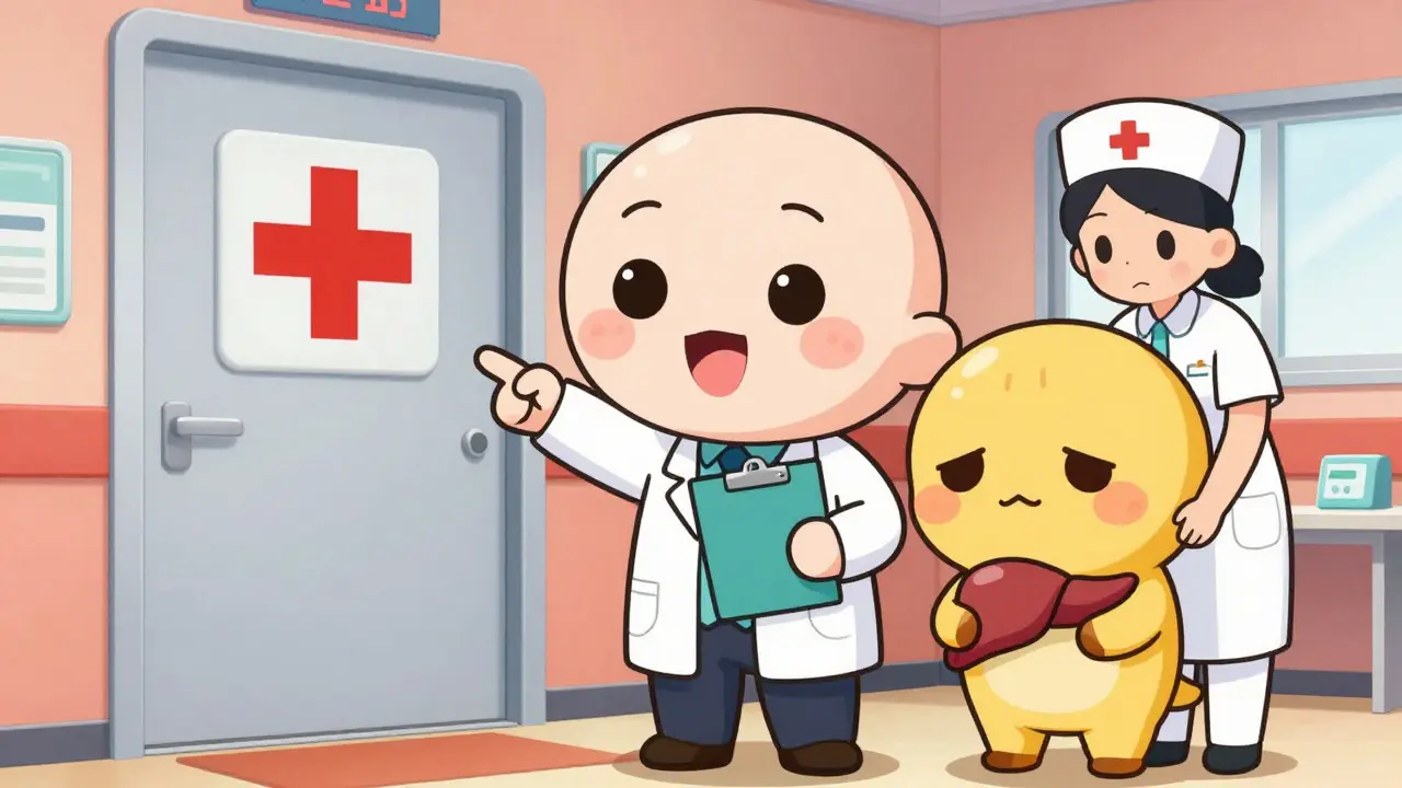 Chibi doctor urging emergency care for jaundiced liver character