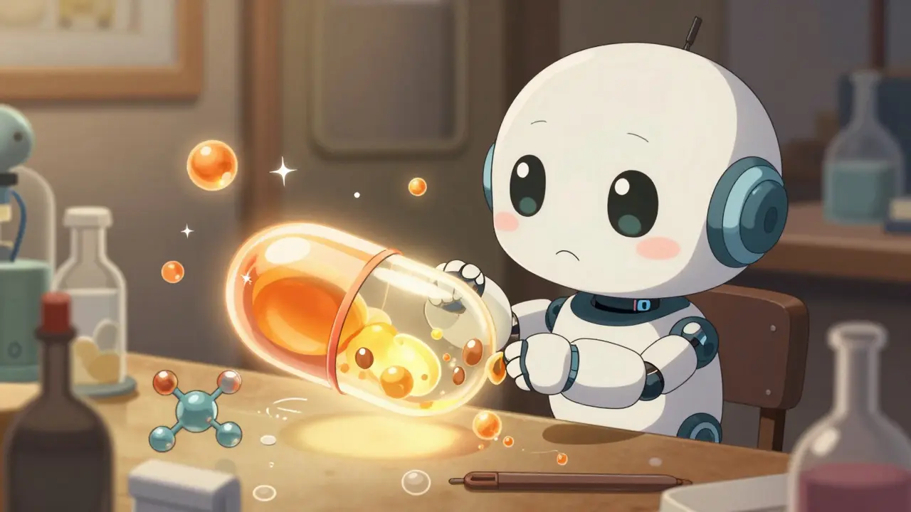 Chibi robot analyzing a glowing liposome capsule in a workshop