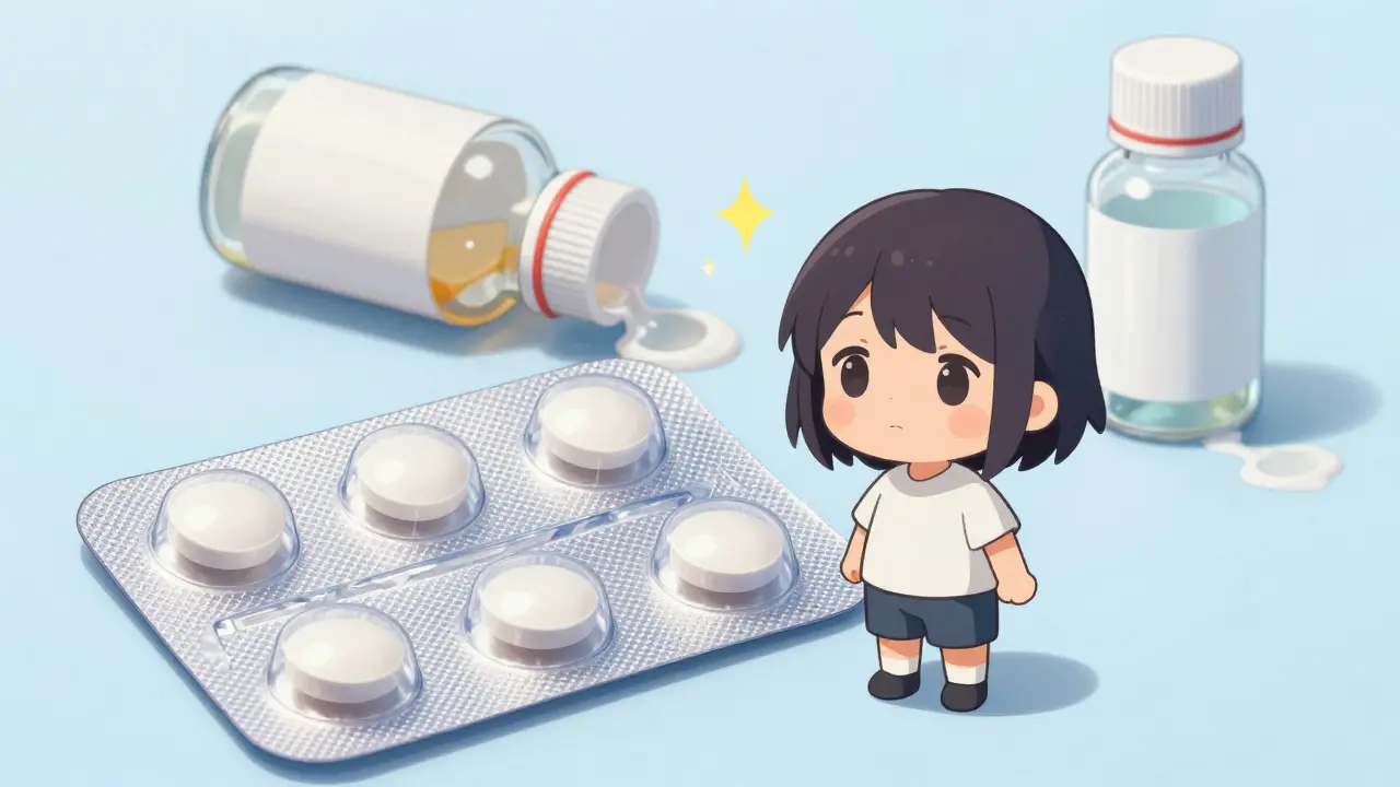 Child standing with neat tablet pack versus messy liquid bottle.