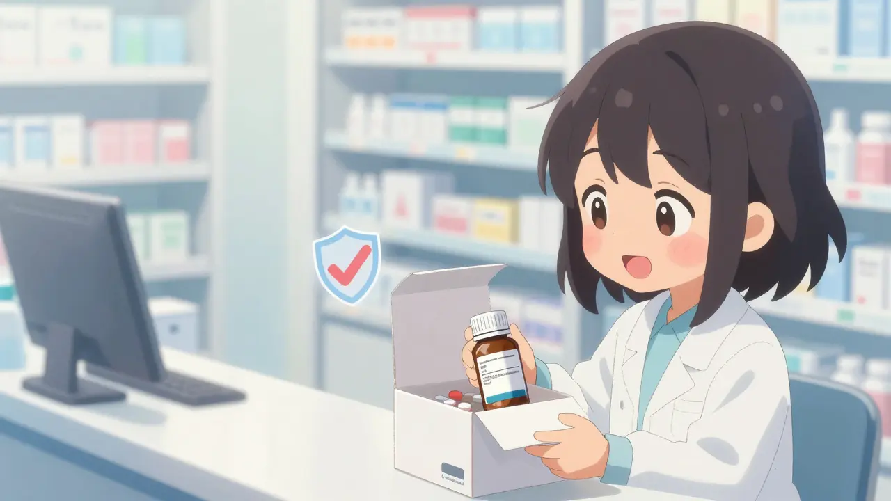 Cute anime character receiving a safe medication package with a happy look.