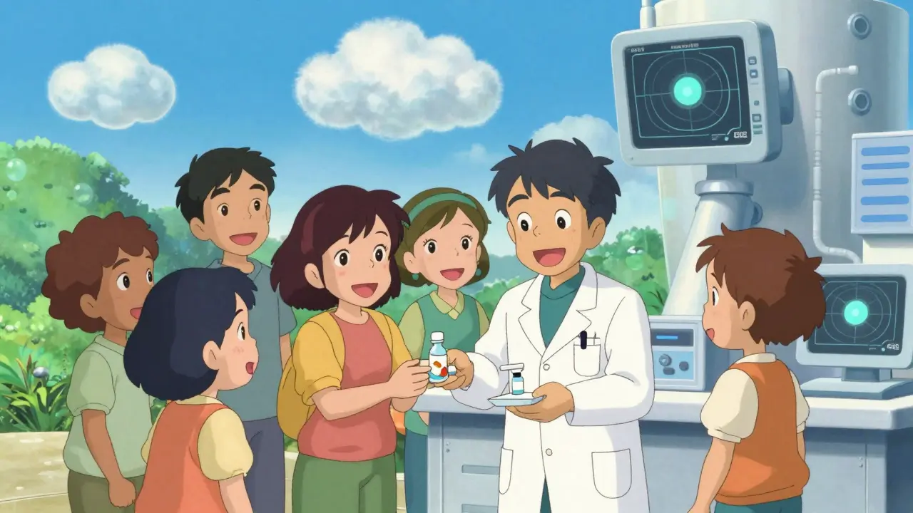 Happy anime characters receiving affordable meds with tech symbols