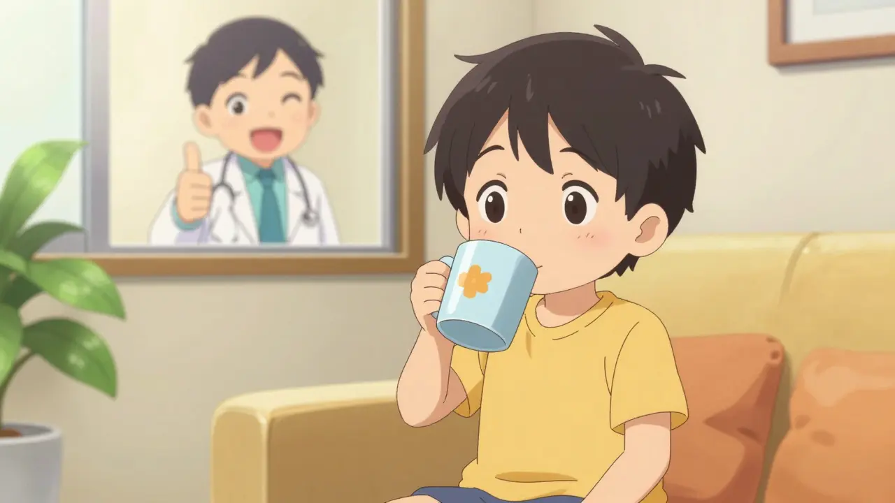 Happy anime patient drinking water with a supportive doctor nearby.
