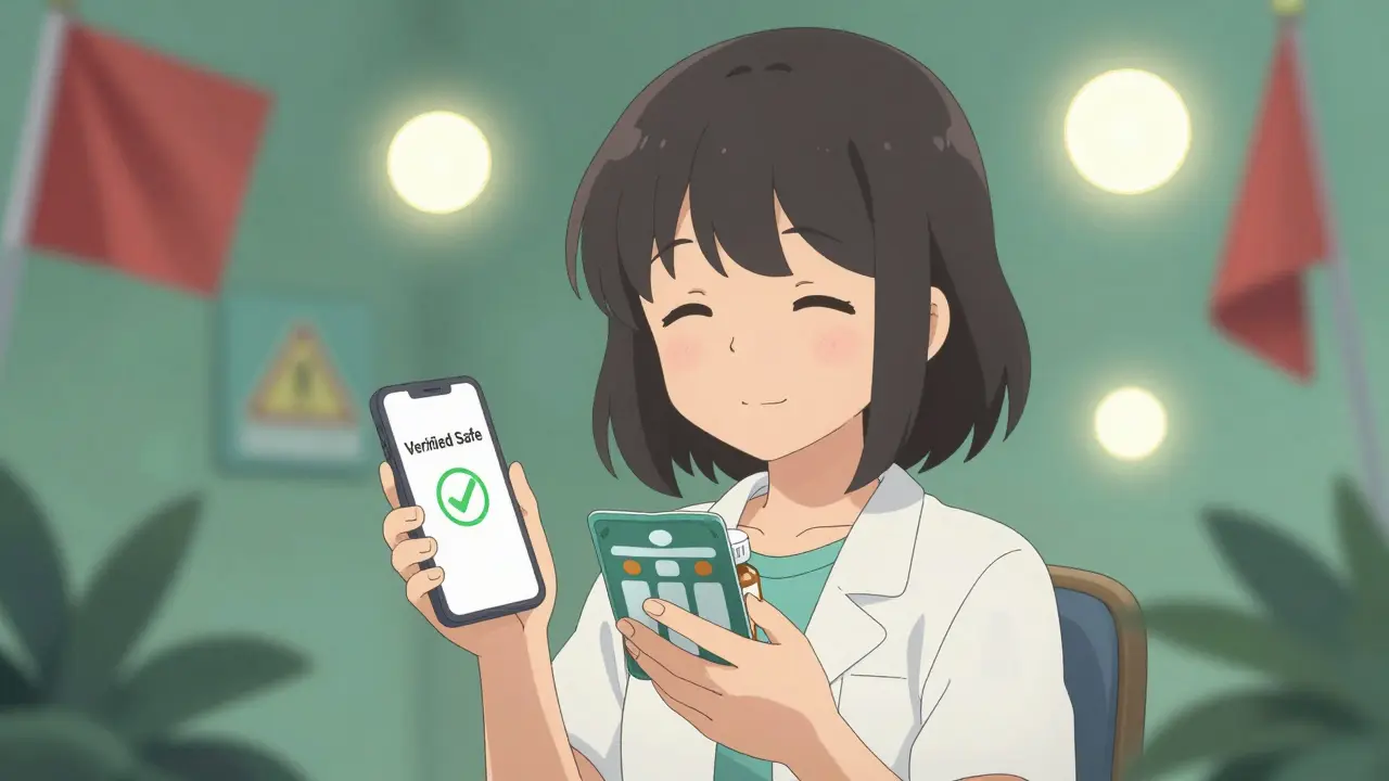 Happy anime patient holding safe medication package