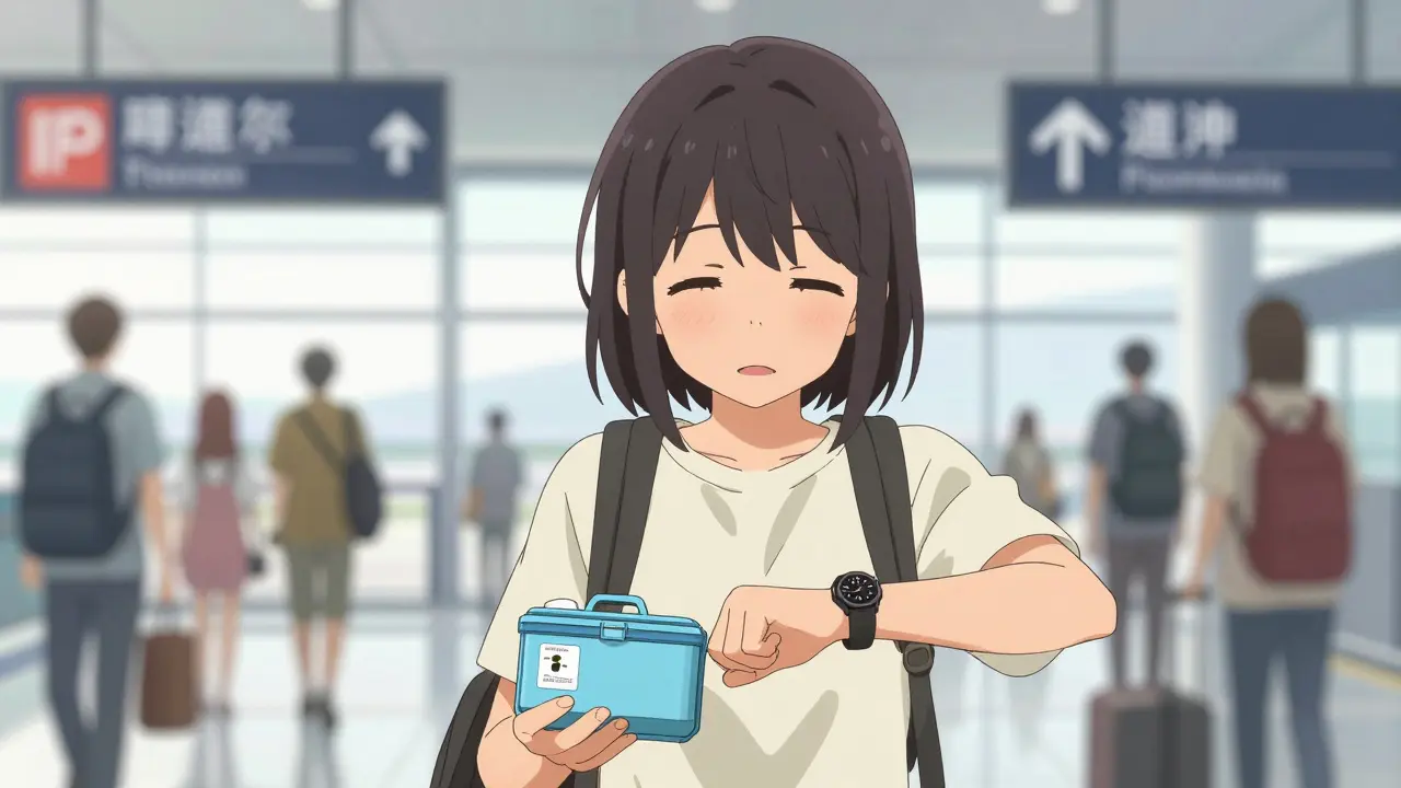 Happy anime traveler checking dual-time watch at airport arrival