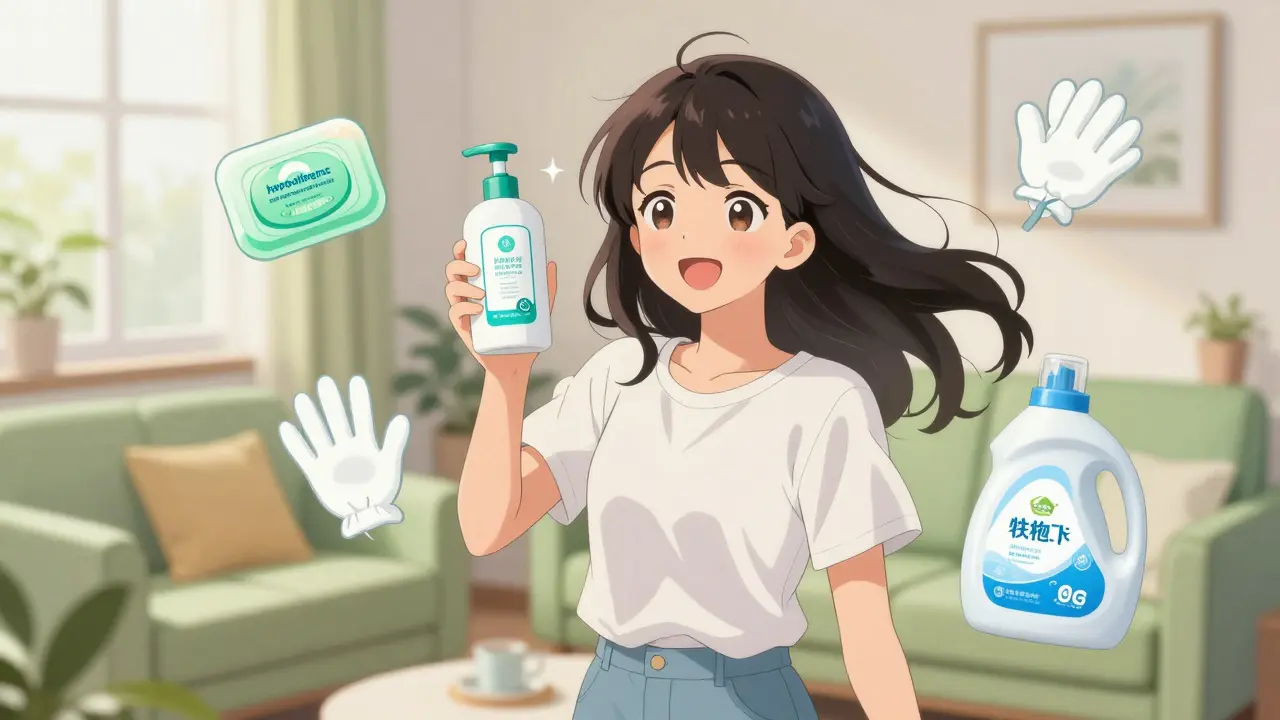 Happy anime woman choosing fragrance-free skincare products
