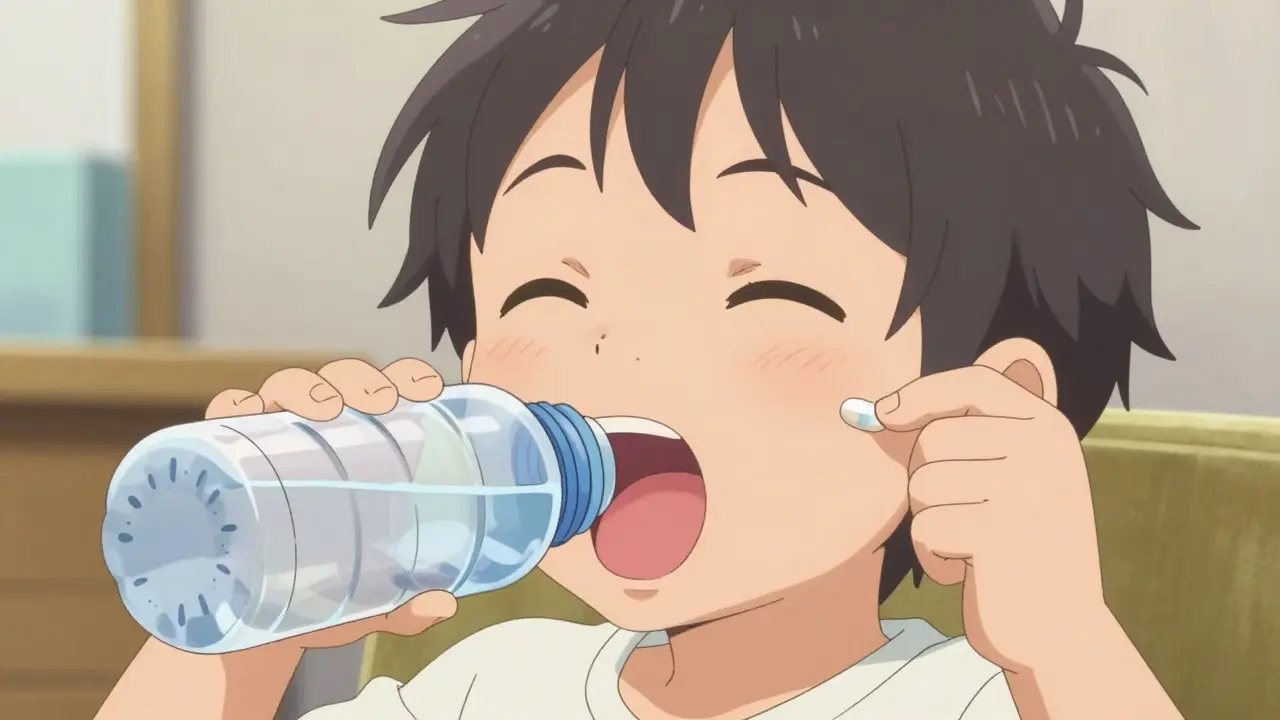 Happy child using pop-bottle method to swallow a tiny pill easily.