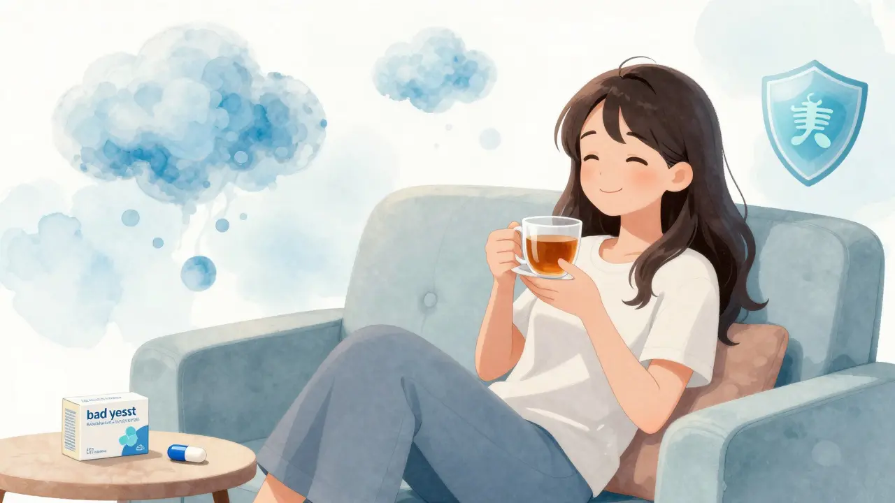 Relieved anime girl relaxing with tea after successful medical treatment