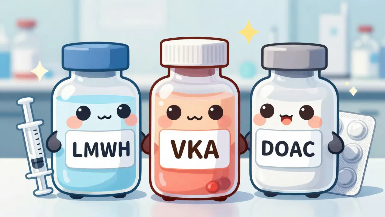 Three chibi medicine characters representing different blood thinners.