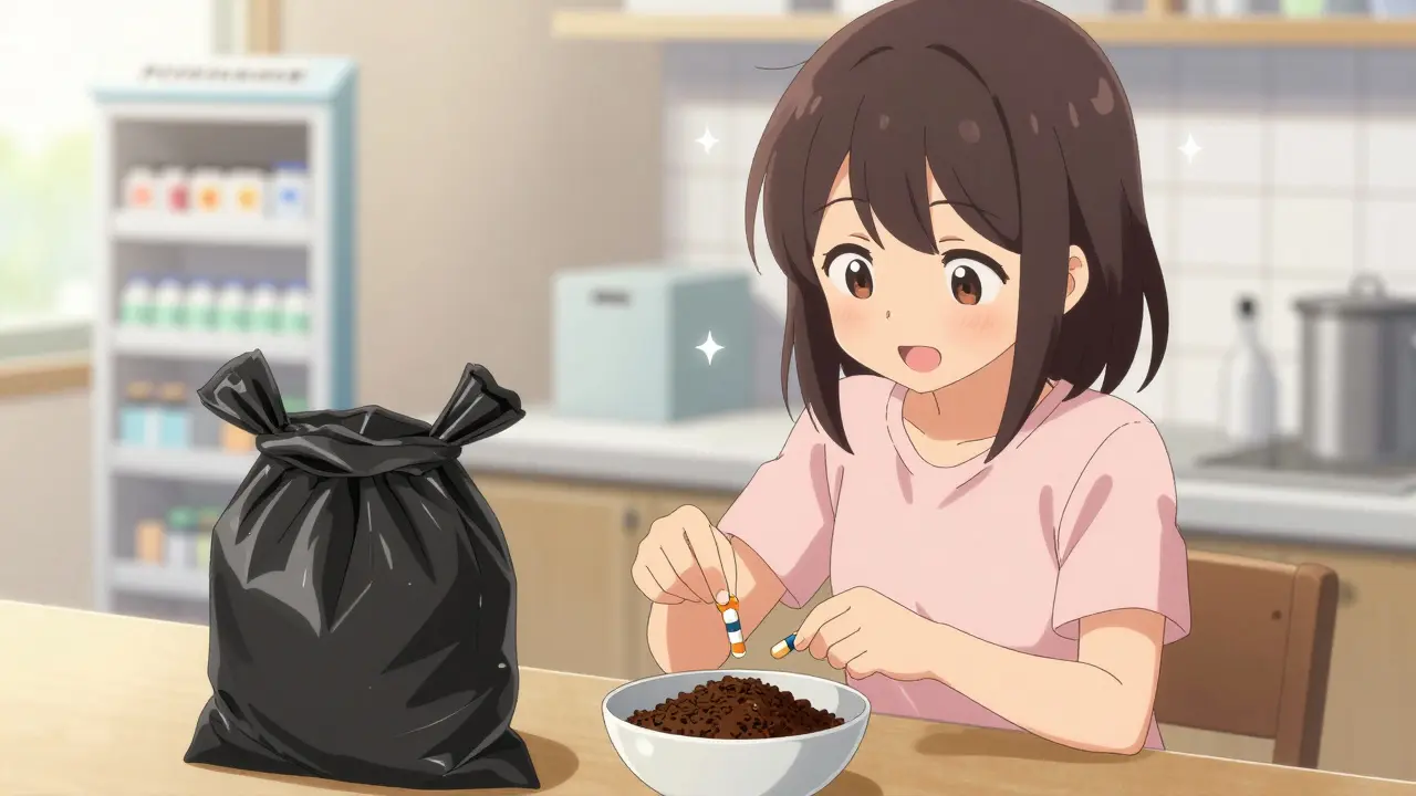 Adorable anime character mixing expired pills with coffee grounds for disposal.